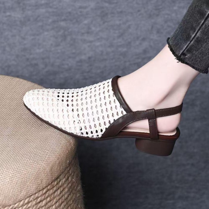 Giày sandal nữ mũi tròn đế thấp dệt lưới rỗng mùa hè, giày lười nhẹ và thoải mái