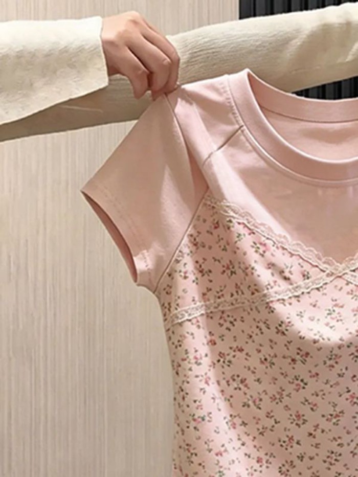 Áo thun ngắn tay phối ren hoa dành cho nữ mùa hè cỡ lớn thời trang đa năng