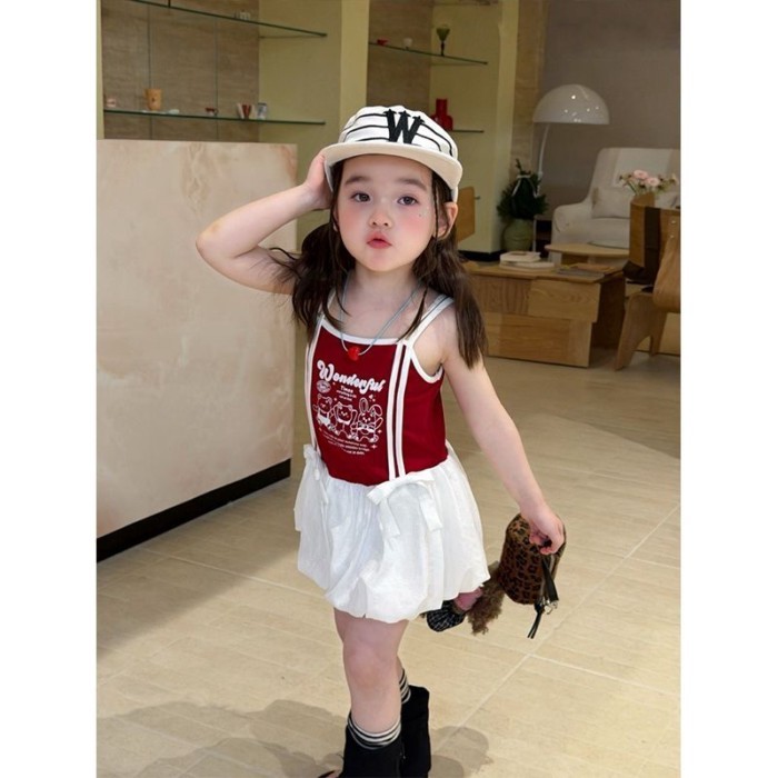 Girls Summer New Korean Style Cartoon Letter Printed Sweet And Cute Flower Bud Hem Spliced Su