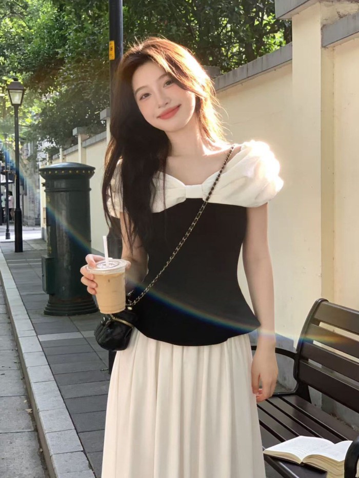 French Puff Sleeves, Bow, One-word Collar Shirt, T-shirt, Women's Summer New Style, Waist Slim