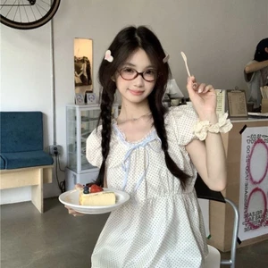 Áo sơ mi babydoll tay phồng kiểu Pháp dành cho nữ mùa hè Áo sơ mi chấm bi tay ngắn áo sơ mi dáng