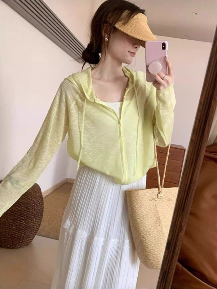 Áo khoác chống nắng mỏng có mũ trùm đầu bằng lụa băng phong cách Hàn Quốc dành cho nữ áo khoá