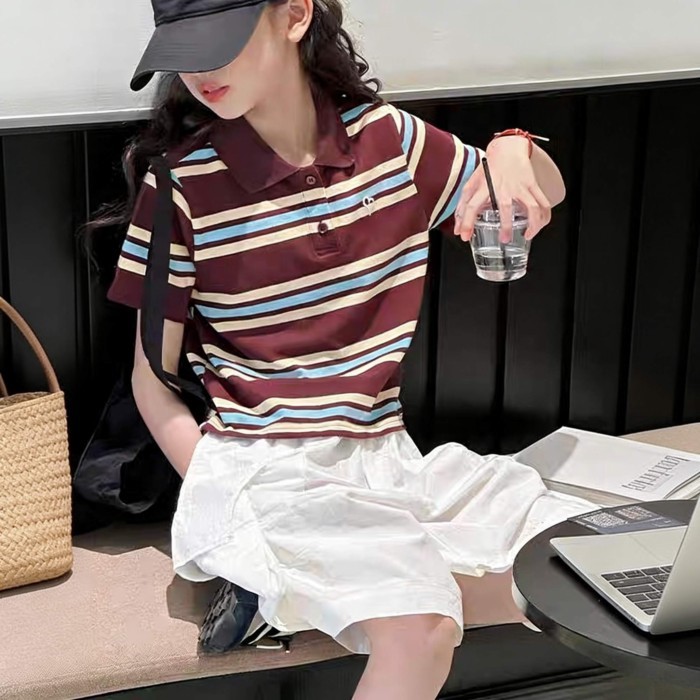 kids Áo thun ngắn tay sọc hàn quốc bé gái Áo sơ mi POLO mùa hè mới Áo ngắn trẻ em