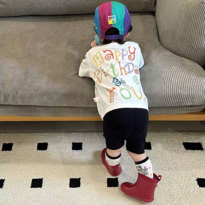 Birthday Printed Cotton Boys Short-sleeved T-shirt Korean Style Small And Medium-sized Childr
