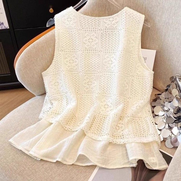 Áo vest không tay rỗng phong cách dân tộc dành cho nữ mặc ngoài mùa hè, áo sơ mi rộng thời tr