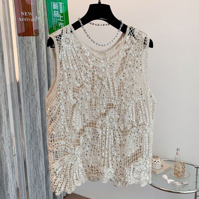 sequin móc rỗng dệt kim yếm trong mặc ngoài của phụ nữ mùa hè mới áo vest áo không tay