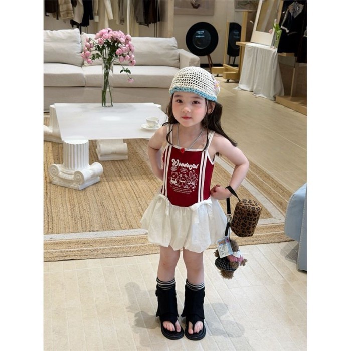 Girls Summer New Korean Style Cartoon Letter Printed Sweet And Cute Flower Bud Hem Spliced Su