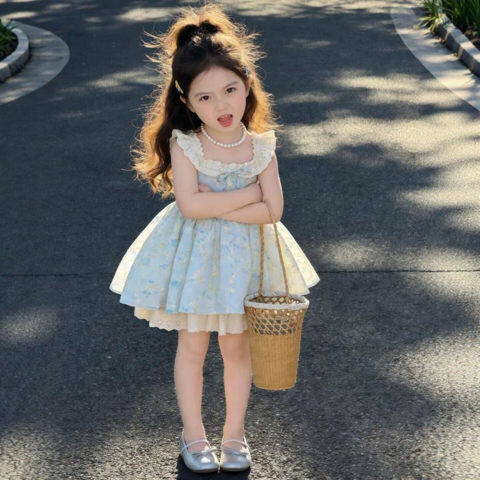 【Photo-shooting】Girls Floral Little Flying Sleeve Dress Summer New Baby Sweet Korean Style Dre