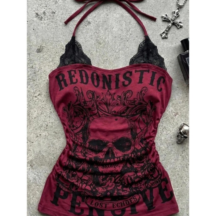 Millennial cổ xưa phong cách punk rock văn hóa nhóm màu đỏ giả hai mảnh ren dây áo vest y2k