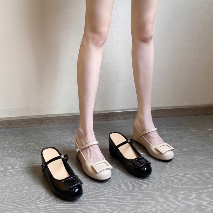 8Cm Chiều Cao Bên Trong Của Người Nhỏ Khóa Vuông Mũi Nửa Dép Nữ Mùa Hè Bên Ngoài Giày Mary Jane