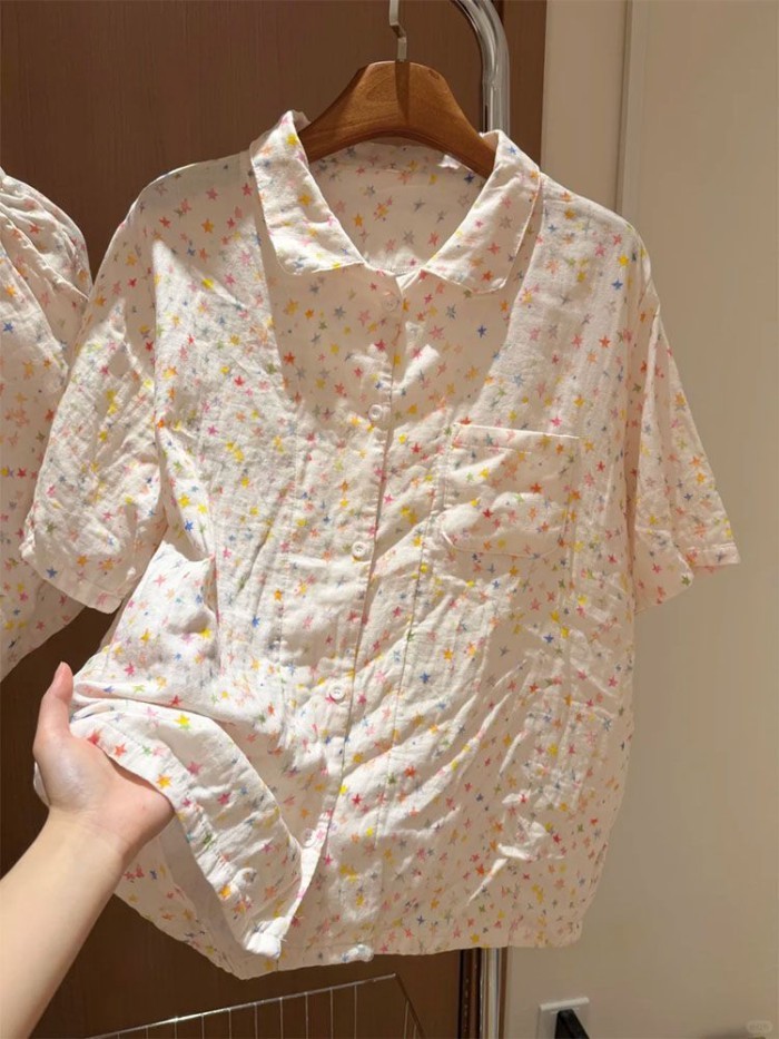 ngôi sao và đám mây đầy màu sắc ngọt ngào Bộ đồ ngủ bằng vải cotton cho nữ hoạt hình quần short