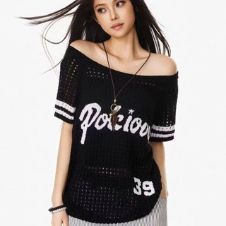 Phong cách Mỹ xiên vai dệt kim ngắn tay nữ mùa hè chữ rỗng rỗng phong cách lười biếng áo len