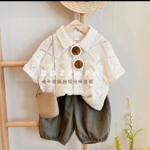 Bộ đồ mùa hè bé trai mới Áo sơ mi Hàn Quốc trẻ em mùa hè rộng rãi Bộ hai mảnh
