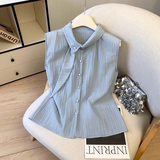 Mùa Hè Pháp Áo Sơ Mi Sọc Không Tay Áo Khoác Ngoài Nữ Áo Niche Chic Đẹp Top