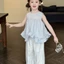 Bé Gái Mùa Hè Phong Cách Mới Không Đều Búp Bê Lá Sen Không Tay Bộ Hai Món Hoàn Chỉnh