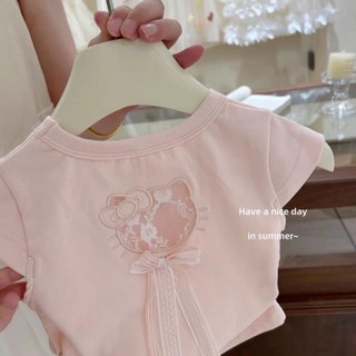 Bé gái mùa hè bé mùa hè màu hồng dễ thương Áo thun ngắn tay kt váy xếp li phong cách trẻ em
