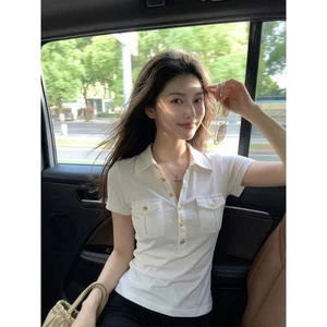 Mỹ Retro Trắng Vai Phải Áo Thun Nữ Tay Ngắn Nữ Mùa Hè Giảm Béo Eo Ngắn Hot Girl Hàng Đầu