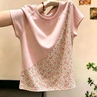 Áo thun ngắn tay màu sắc tương phản khâu hoa Hàn Quốc cỡ lớn dành cho nữ mùa hè mới thời trang á