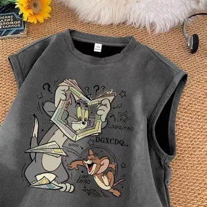 bé trai và bé gái nguyên chất cotton không tay áo vest phong cách mùa hè trẻ em lớn in hình mèo