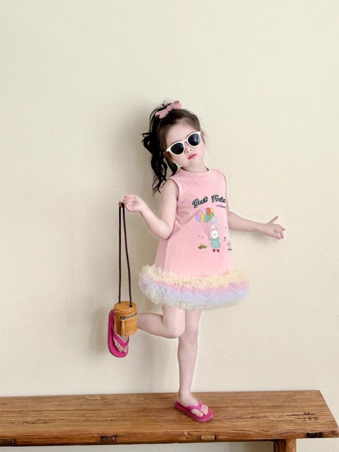 Korean Style Girl Colorful Yarn Splicing Princess Dress Summer Sweet And Fashionable Baby Gir
