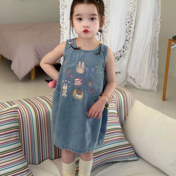 Váy mới cho bé gái, váy công chúa trẻ em, váy mùa hè, váy vest denim hoạt hình, váy thường ng