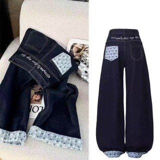 Thiết kế nơ cổ điển đa năng của Mỹ kẻ sọc nối denim quần ống rộng dài đến sàn dáng rộng