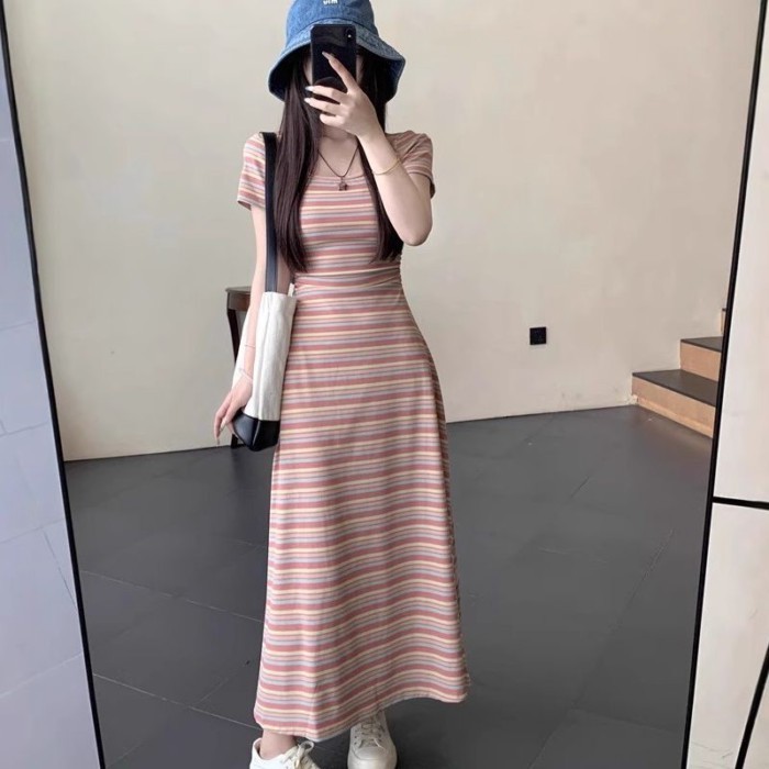 Long Slim Summer Sweet Age-reducing Rainbow Skirt Slim And Slim Temperament Striped Color Dre