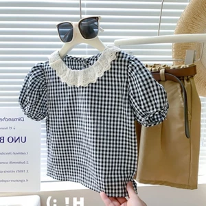 Quần Áo Trẻ Em Hàn Quốc Mùa Hè Mới Áo Sơ Mi Bé Gái Ren Ngọt Ngào Kẻ Sọc Puff Tay Ngắn Cổ Phối Re