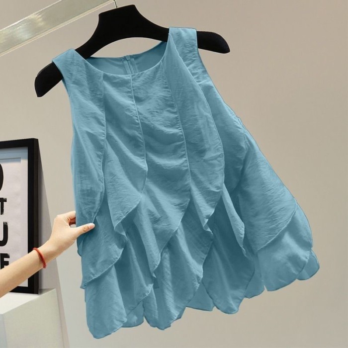 Áo sơ mi voan xếp nếp mùa hè dáng rộng phong cách Hàn Quốc dáng rộng dây kéo màu trơn áo vest