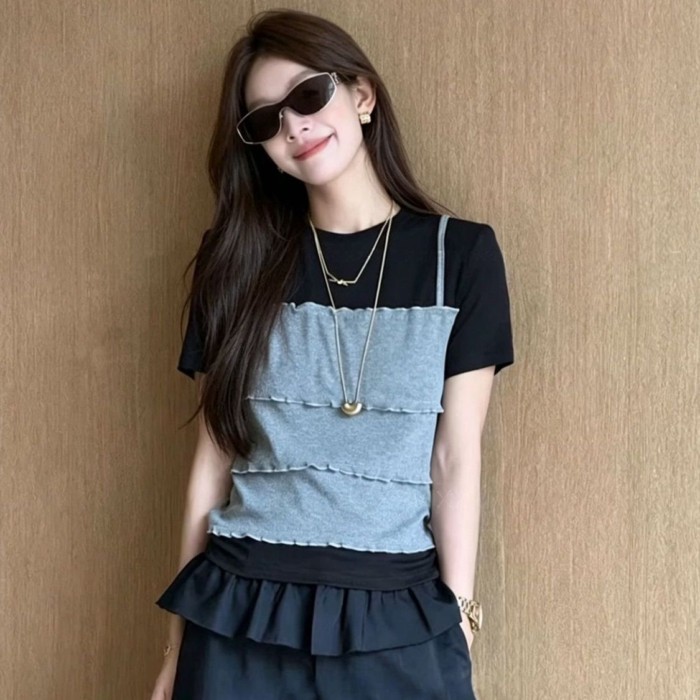 Áo thun ngắn tay giả hai dây phiên bản Hàn Quốc dành cho nữ, áo nối mùa hè mỏng và đa năng