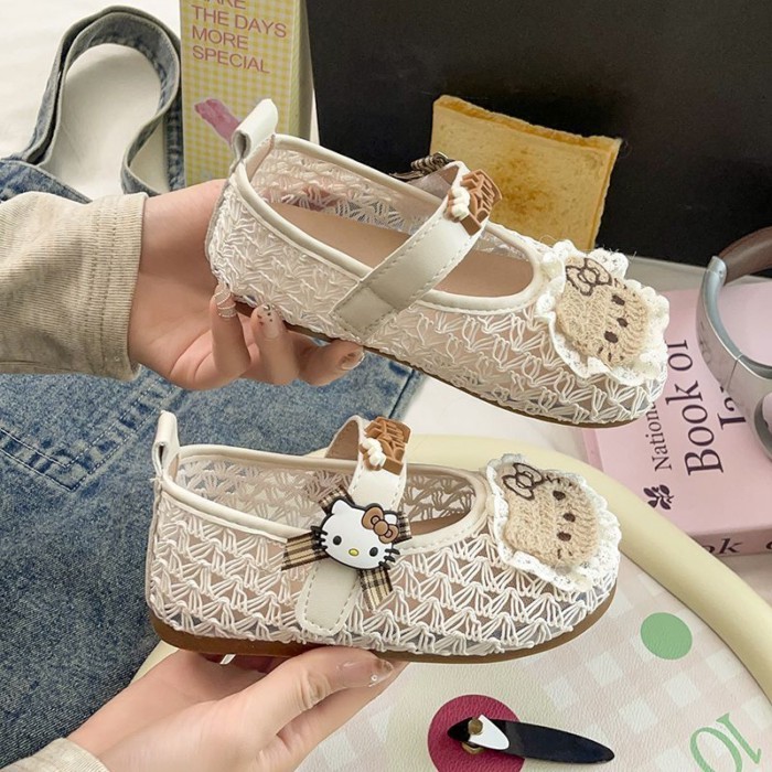 Cute Cartoon Braided Girls Sandals Girls Lace Mesh Princess Shoes Soft Sole Hollow