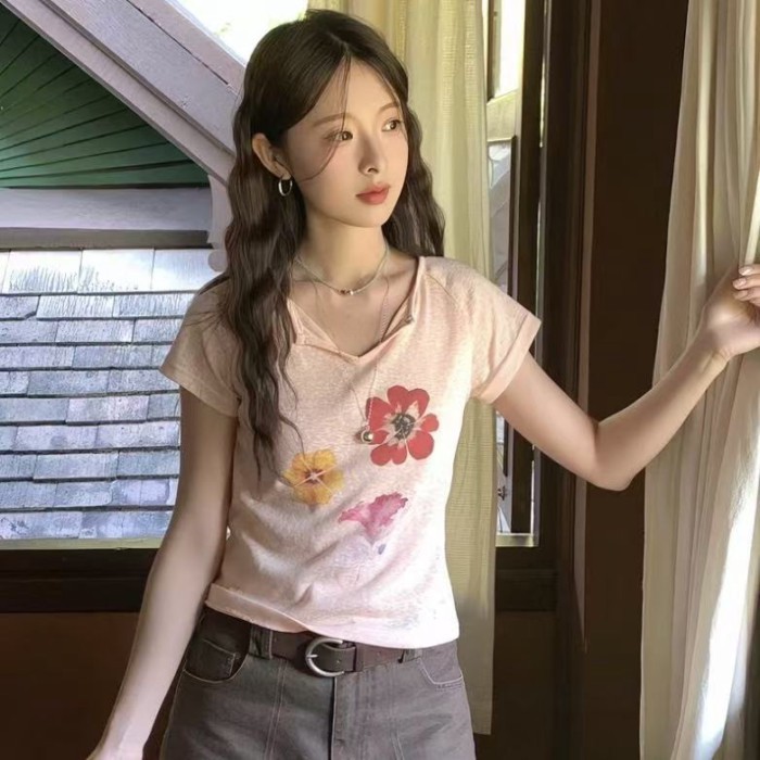 Colorful Flower V-neck Snowflake Cotton Short-sleeved Summer New Loose And Comfortable Design