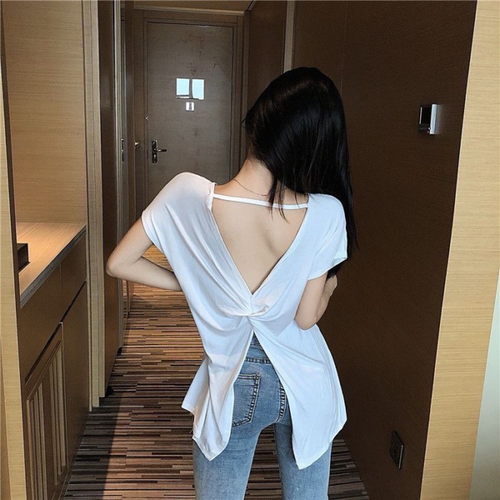 Áo thun hở lưng gợi cảm rỗng đa năng ngắn tay cho nữ