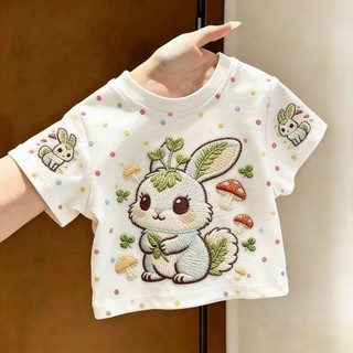 Mùa hè giả thêu hình chú thỏ dễ thương cổ tròn dáng rộng giản dị ngắn tay dành cho nam và nữ
