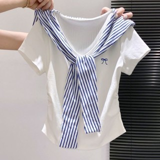 Áo thun ngắn tay giả hai mảnh cổ xanh hải quân dành cho nữ cỡ vừa và lớn dành cho nữ mùa hè Áo ngắn