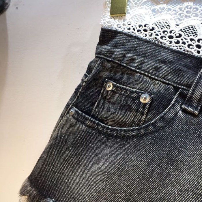 Quần Áo Mùa Hè Châu Âu Phong Cách Mới Ghép Ren Cao Cấp Ôm Nguyên Edge Quần Short Denim Nóng Quần