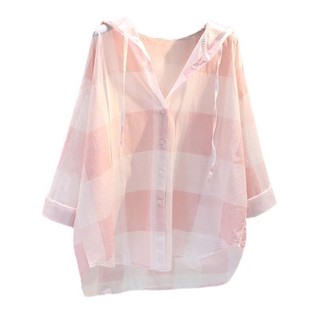 Áo hoodie cotton và vải lanh kẻ sọc màu hồng cho nữ mùa xuân mới phong cách Hàn Quốc áo sơ mi dá