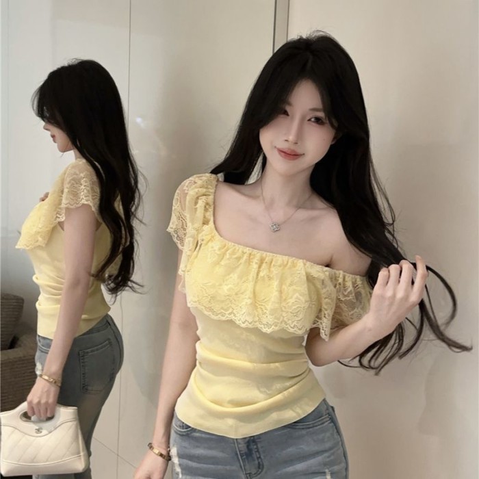 French Lace Lotus Leaf Short-sleeved T-shirt Summer Slim Top One-shoulder Top