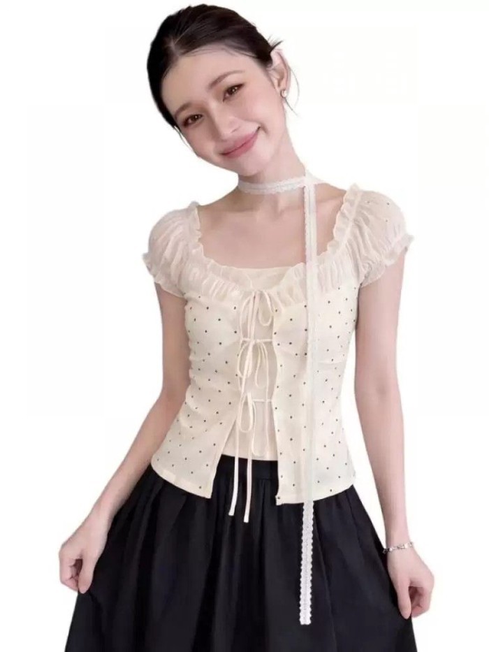 Korean Style Unique Lace Stitching Fake Two-piece Polka Dot Streamer One-shoulder Short-sleev