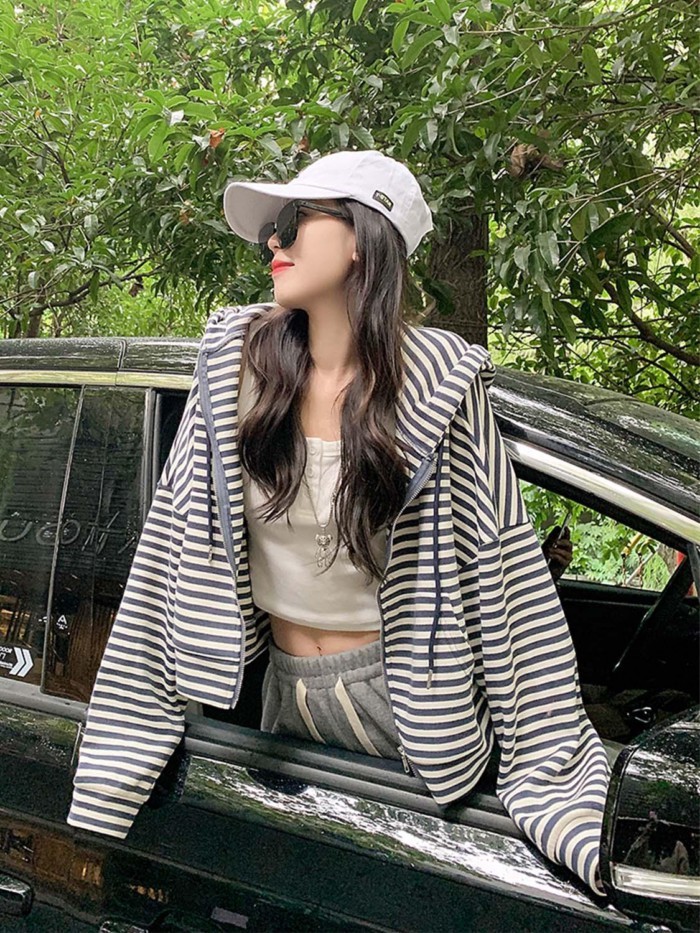 Sọc Áo Len Có Mũ Trùm Đầu Áo Khoác Cardigan Nữ Phong Cách Hàn Quốc Mỏng Thường Ngày Đa Năng Quần