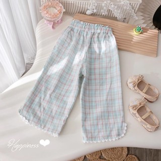 Bộ Đồ Mùa Hè Bé Gái Quần Chín Điểm Phong Cách Phương Tây Kẻ Sọc Mục Vụ Ren Thêu Quần Âu Bé Gái Quần
