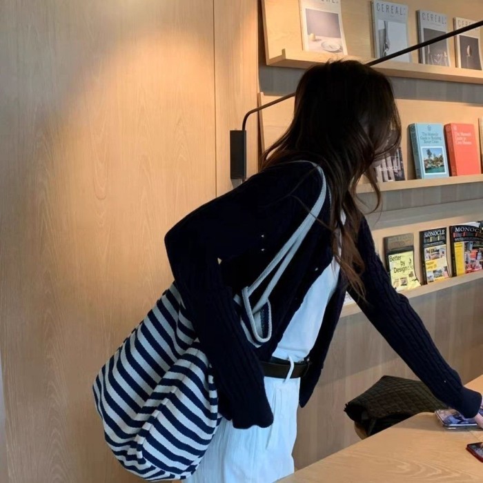túi vải sọc thích hợp thêu sức chứa lớn phong cách lười biếng túi tote túi mua sắm thông thườn