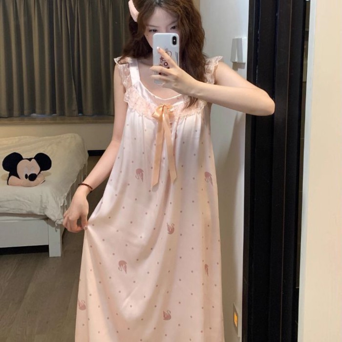 Mùa Hè Phong Cách Công Chúa Ren Chấm Bi Treo Váy Ngủ Cho Phụ Nữ Có Miếng Đệm Ngực Mùa Hè Mới