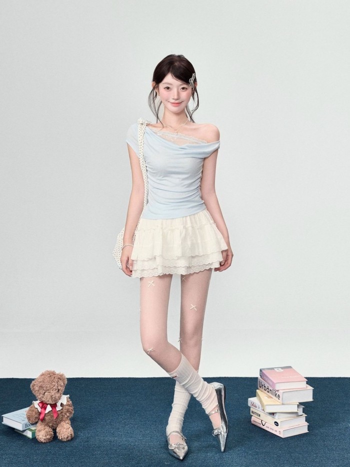Cotton Pure Desire Swing Collar Lace Spliced Sloping Shoulder T-shirt Women's Summer New Hot