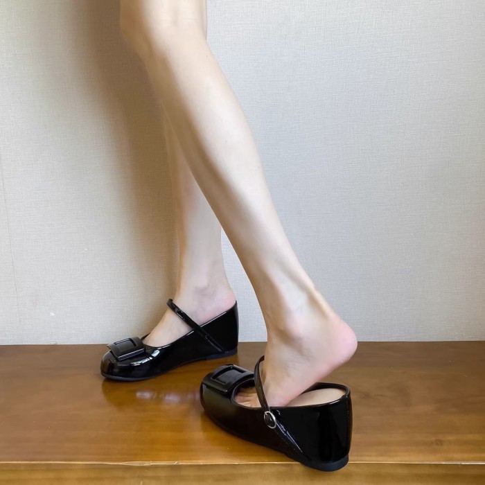 8Cm Chiều Cao Bên Trong Của Người Nhỏ Khóa Vuông Mũi Nửa Dép Nữ Mùa Hè Bên Ngoài Giày Mary Jane