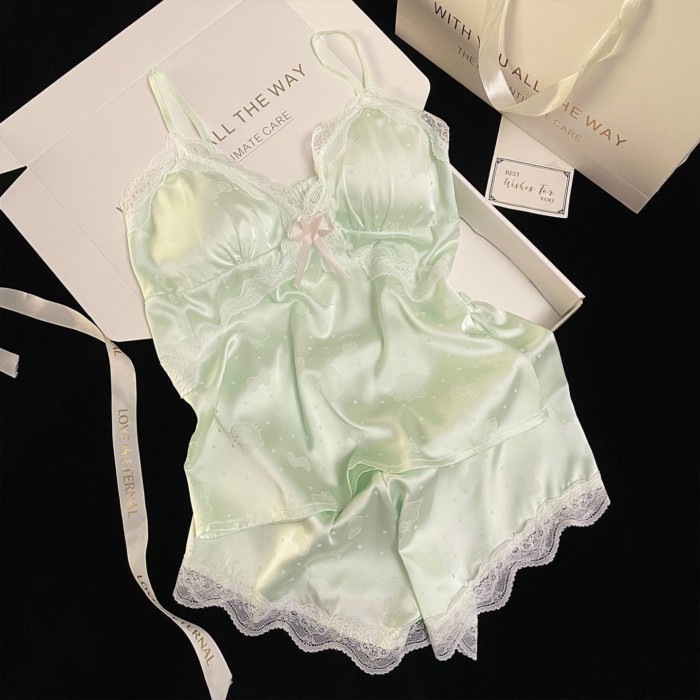 Phiên bản Hàn Quốc của mèo kitty băng lụa Bộ đồ ngủ nữ Sky treo quần short 2 bộ cao cấp mặc n