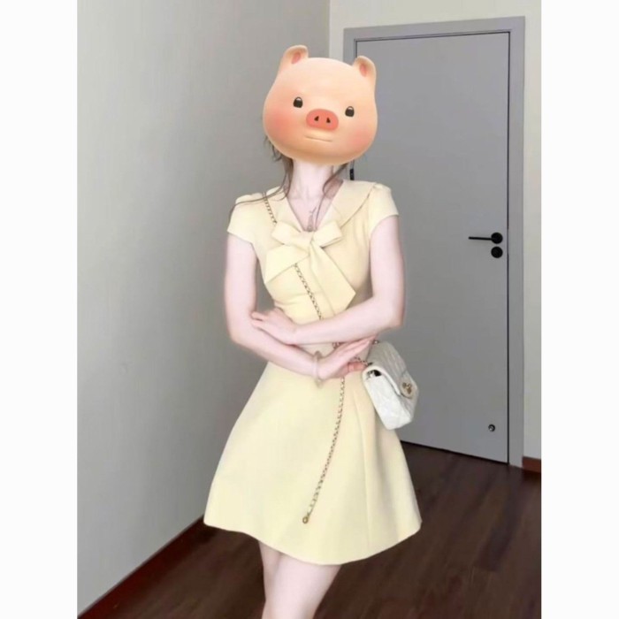 Summer Dopamine Temperament Pear-shaped Slim Dress Women's New Simple Design Waist Navy Colla