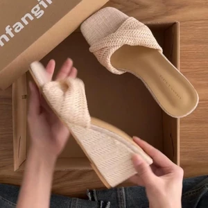 Giày sandal bện mũi vuông kiểu Pháp dành cho nữ, trang phục mặc ngoài mùa hè, váy phù hợp, dép x