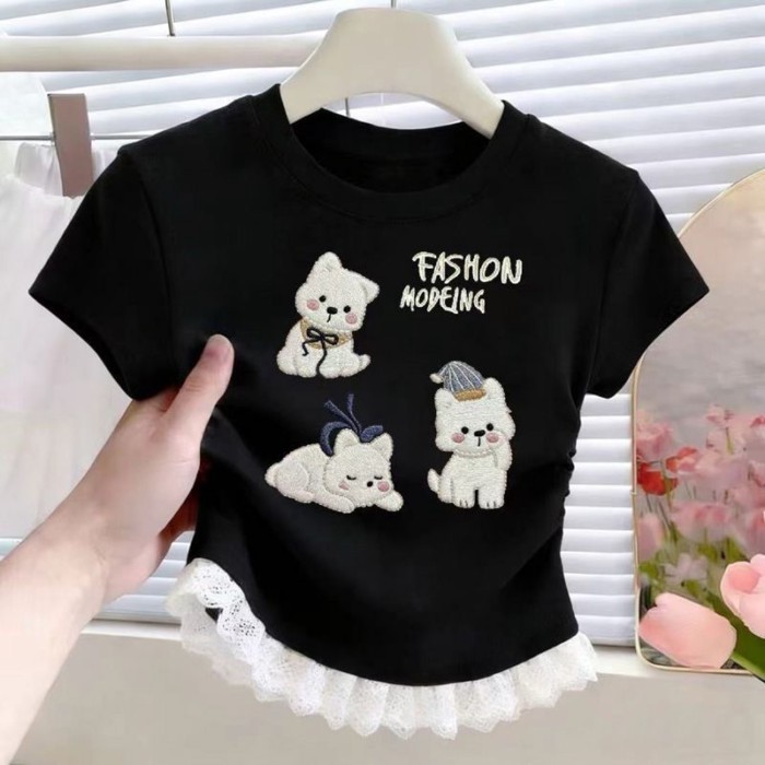 Bé Gái Ôm Áo Thun Nữ Tay Ngắn Phối Ren Mùa Hè Hoạt Hình Mới Trẻ Em Quần Áo Mùa Hè Vừa Và Lớn Trẻ