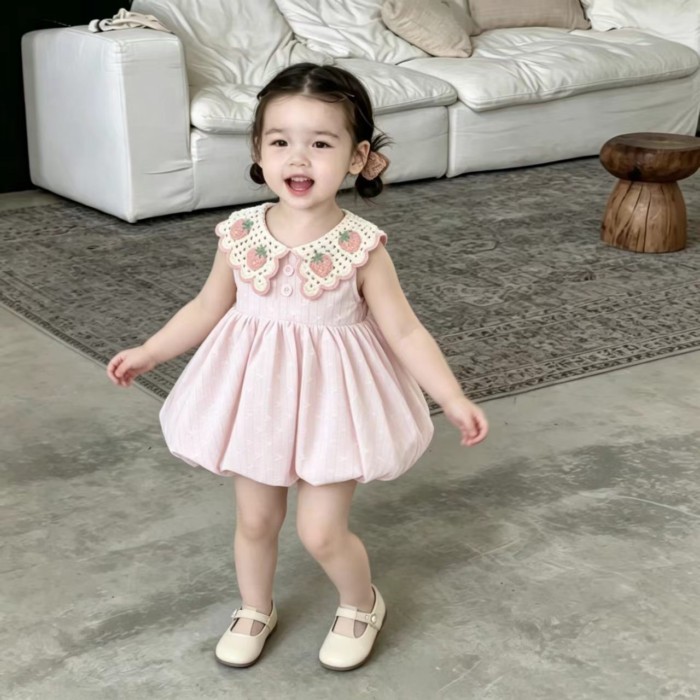 Children's Summer Princess Bud Dress Baby Girl Cute And Sweet Doll Collar Strawberry Plaid Fa